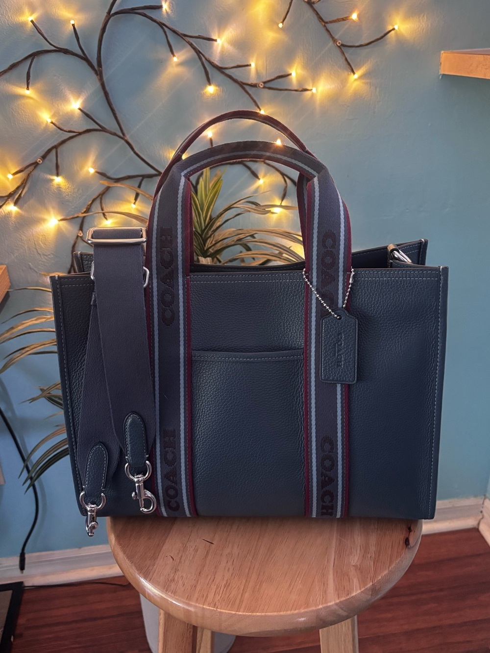 Coach Navy Blue Pebbled Leather Tote with Logo Webbing